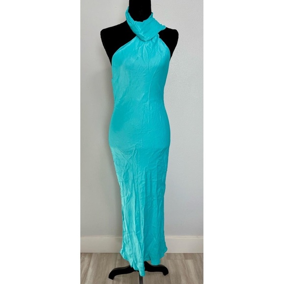 NWT Meshki Dress Womens Size M Turquoise Blue One-Shoulder Halter Midi Satin - Picture 5 of 13